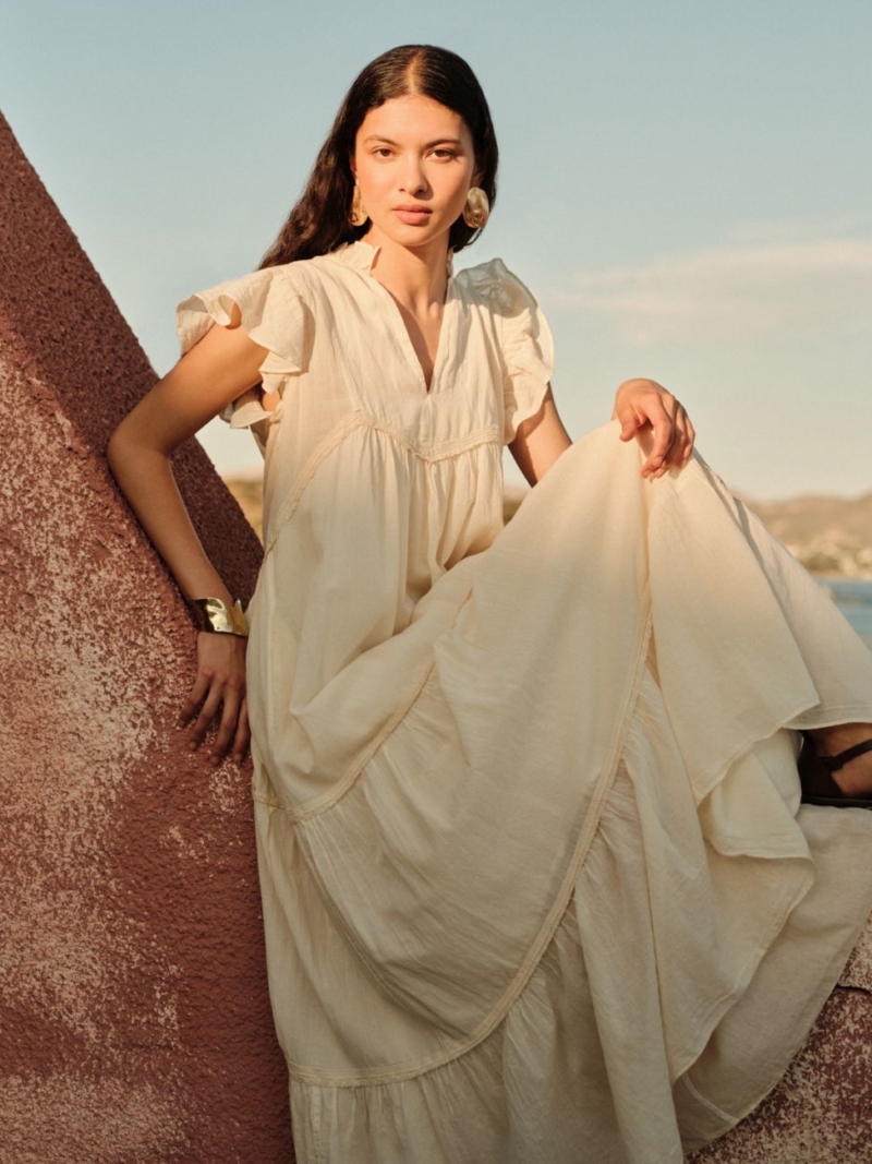 Devotion Twins Gaze Dress Reverie cream boho maxi dress for women, lightweight summer resort dress with ruffle sleeves and loose fit, ideal for vacation and island style