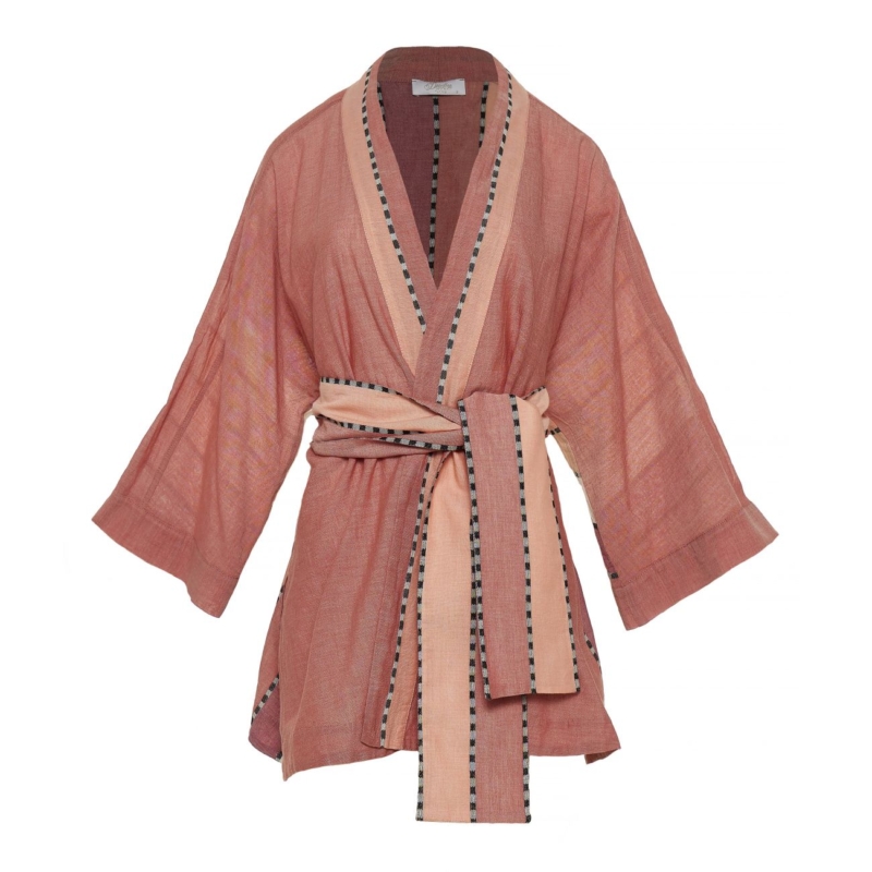 Shop Devotion Twins Kimono Ardelle, a soft pink wrap-style kimono with contrast trim, wide sleeves, and self-tie belt.