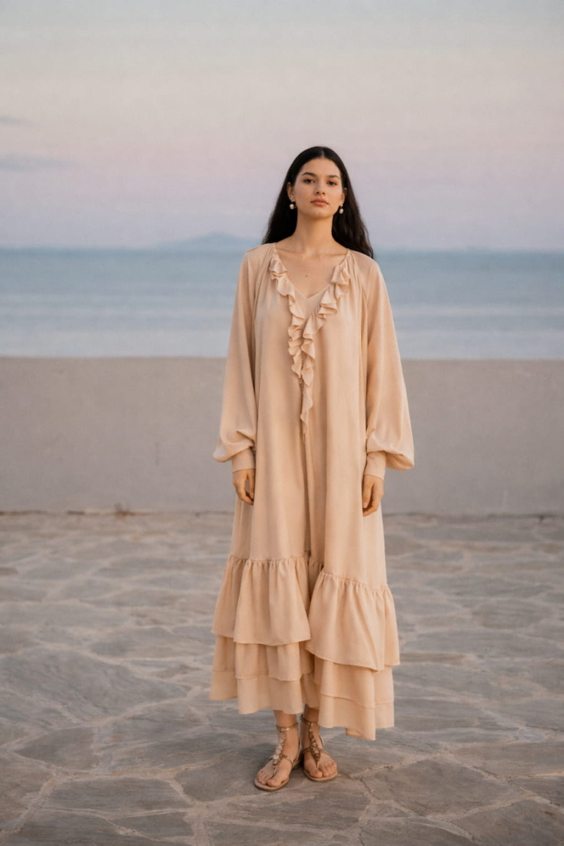 Devotion Twins Ruffle Dress Opal powder beige maxi dress with ruffles flowy silhouette Greek designer resort wear