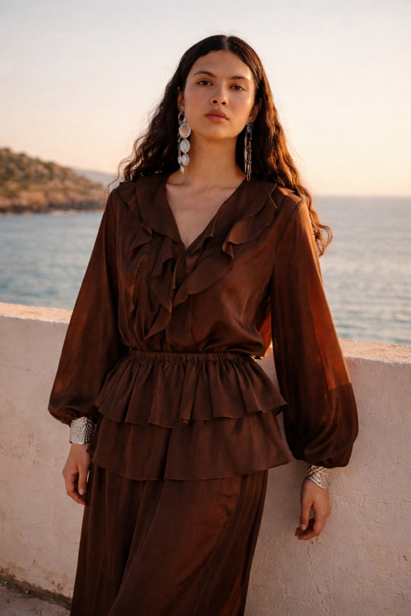Devotion Twins dark chocolate ruffle blouse on model at sunset with sea view elegant silk blouse Greece