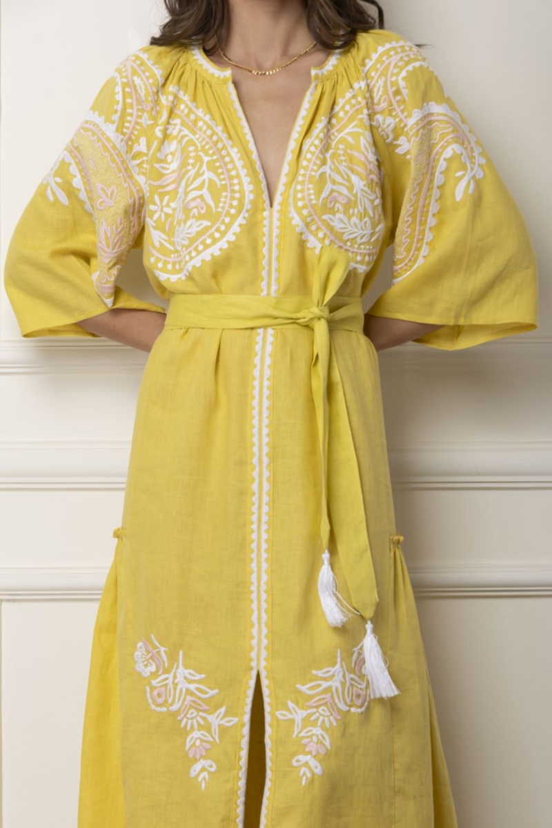 etoile coral areti dress yellow embroidered