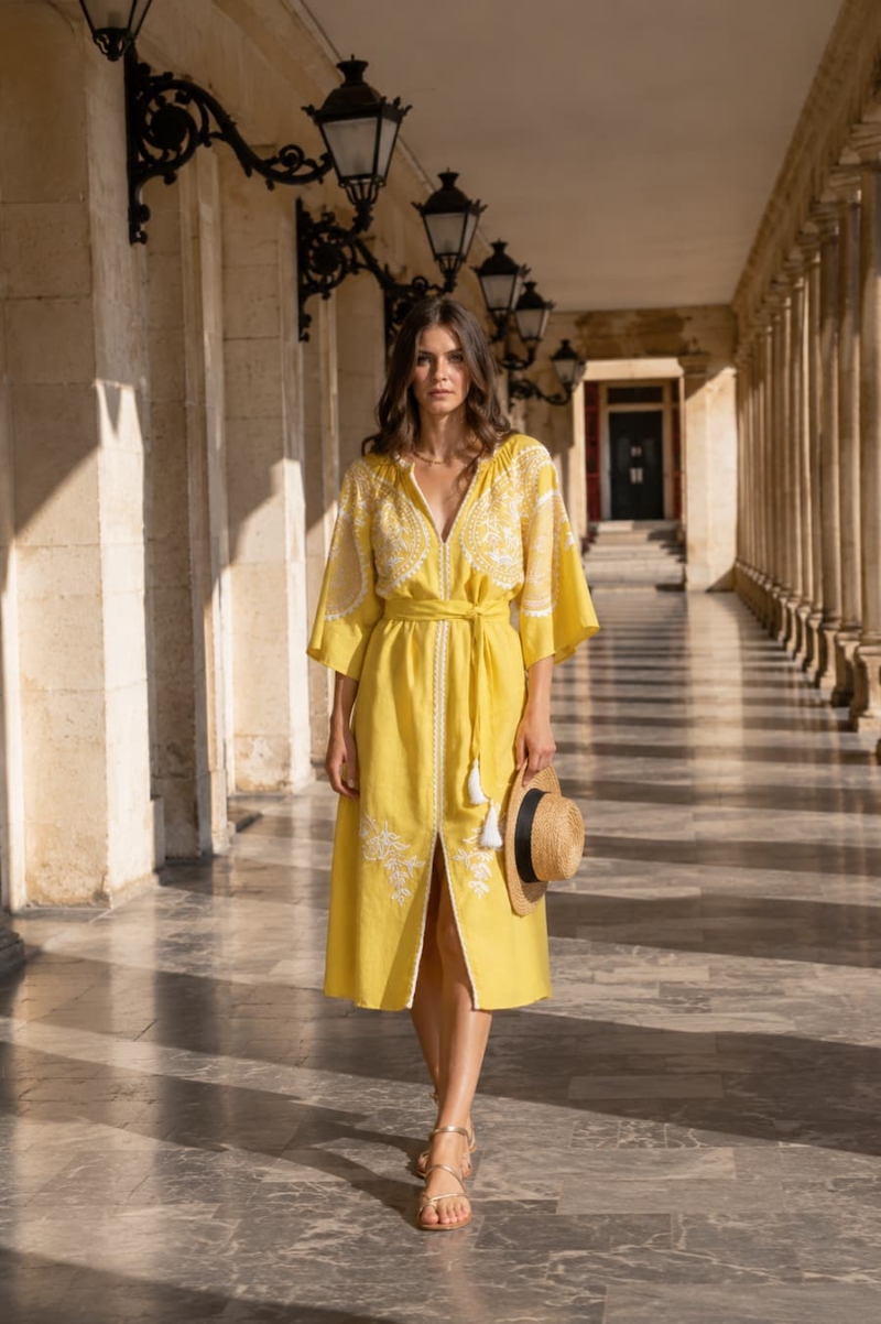 etoile coral areti dress yellow embroidered