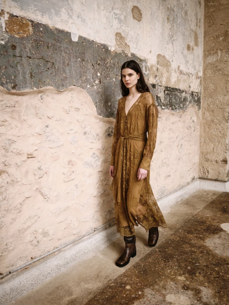 devotion twins fleur lace dress with belt – golden brown