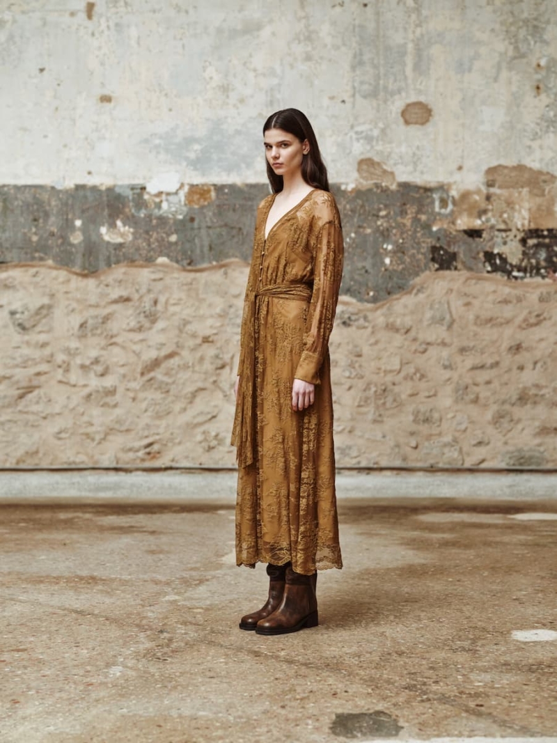 devotion twins fleur lace dress with belt – golden brown