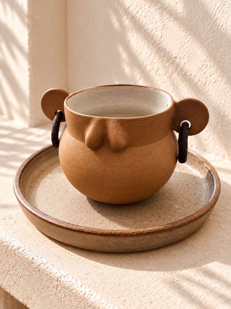 handmade face ceramic bowl with tray