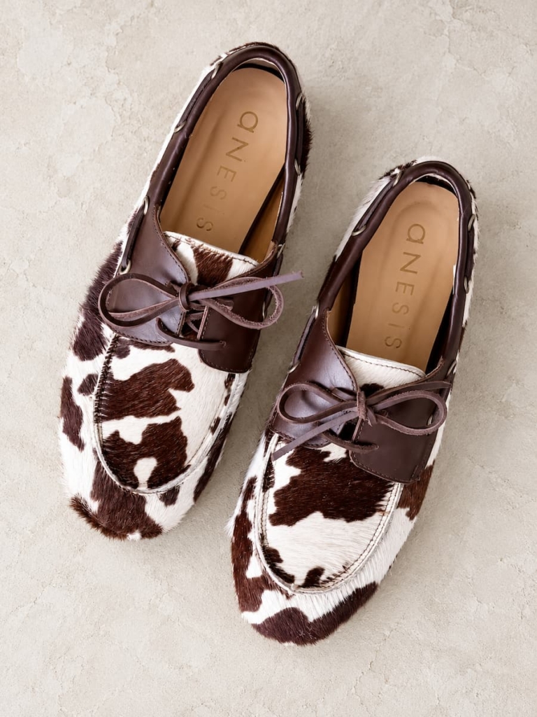 handmade leather cow print loafers
