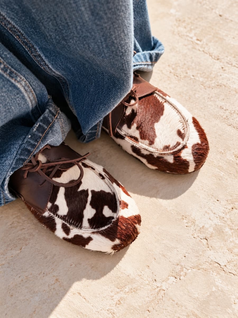 handmade leather cow print loafers
