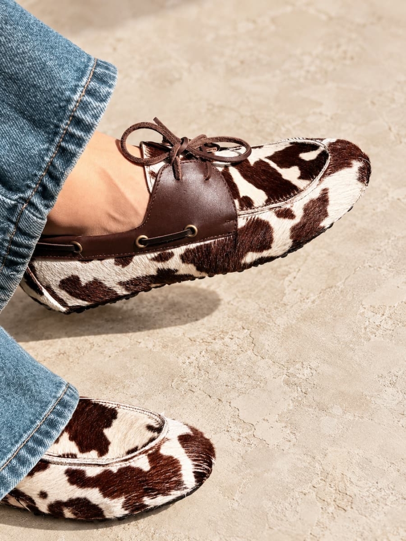 handmade leather cow print loafers